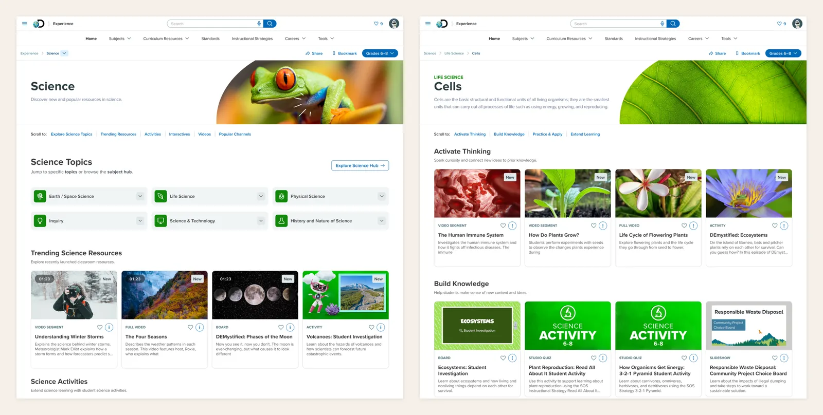 Two pages side by side. Left, the Science subject hub: a hero, six science topic entry points, and trending resources. Right, the Cells topic page, with resources grouped into bands named Activate Thinking and Build Knowledge.