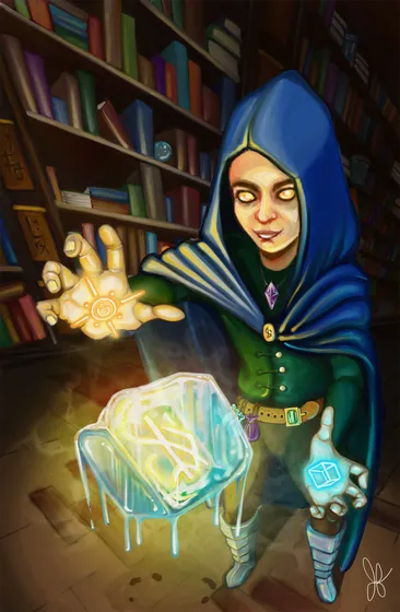 Digital painting of a hooded apprentice casting glowing runes among bookshelves