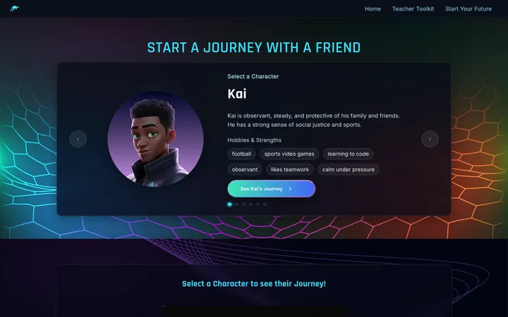 The Start Your Future character picker, showing a guide named Kai with hobbies and strengths.