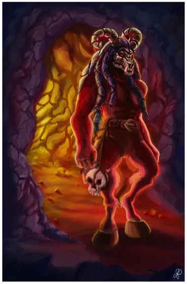 Digital painting of a horned demon holding a skull, in a glowing cave