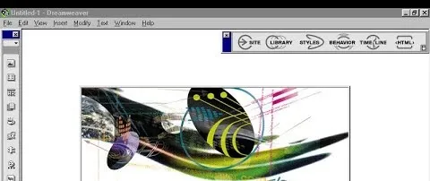 Dreamweaver running on Windows: the menu bar, the floating object palette and the top of the launch screen artwork.