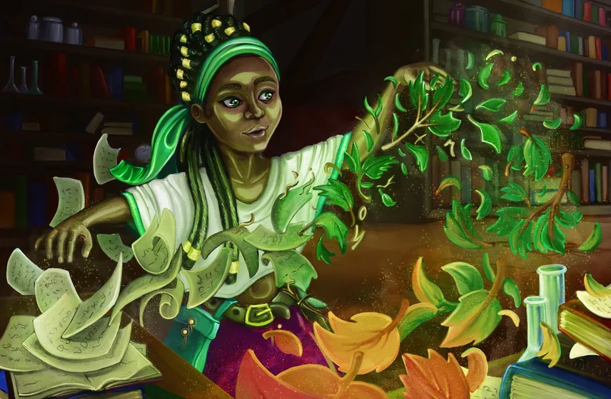 Digital painting of a young woman in a library, conjuring a swirl of leaves and loose pages