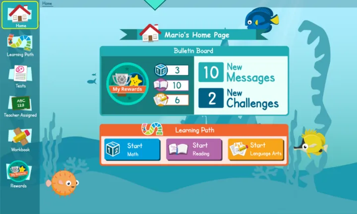 The shipped K-2 Exact Path home: an underwater scene with a bulletin board of rewards and messages, and buttons to start math, reading, and language arts.