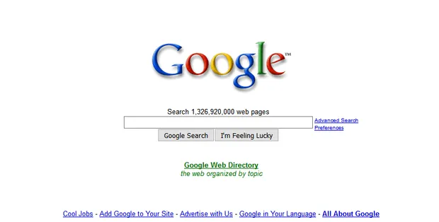 An early Google home page: the logo, a single search box, Google Search and I am Feeling Lucky buttons, and a link to the Google Web Directory.