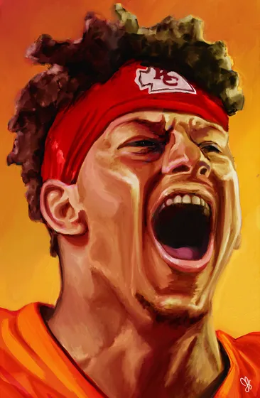 Digital painting of Patrick Mahomes shouting, in a Chiefs headband