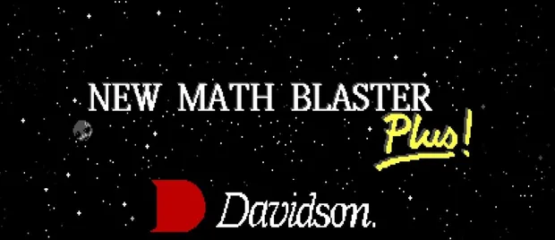The New Math Blaster Plus! title screen: the name in white and yellow over a pixelated starfield, with the Davidson logo beneath it.