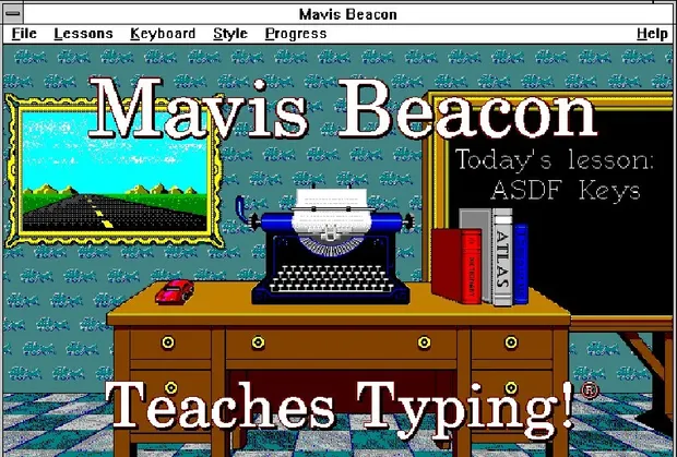 The Mavis Beacon title screen: a blue typewriter on a wooden desk, a chalkboard reading Today’s lesson, ASDF Keys, and a small red car parked beside the typewriter.