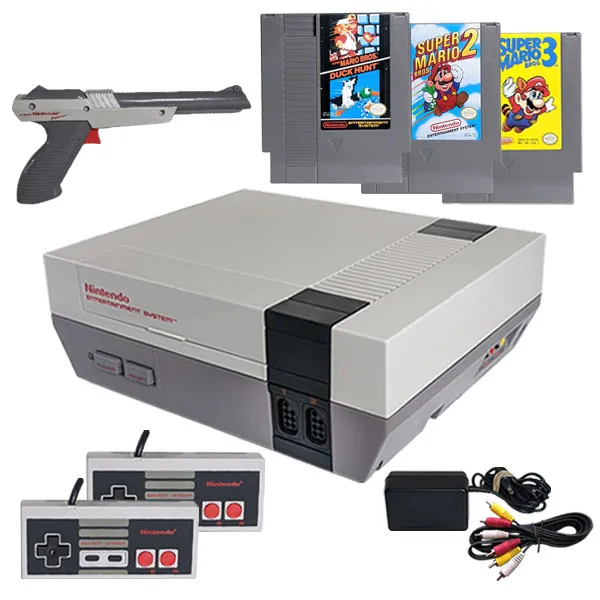 A grey Nintendo console with two controllers, the grey light gun, a power adapter and three cartridges stacked behind it.