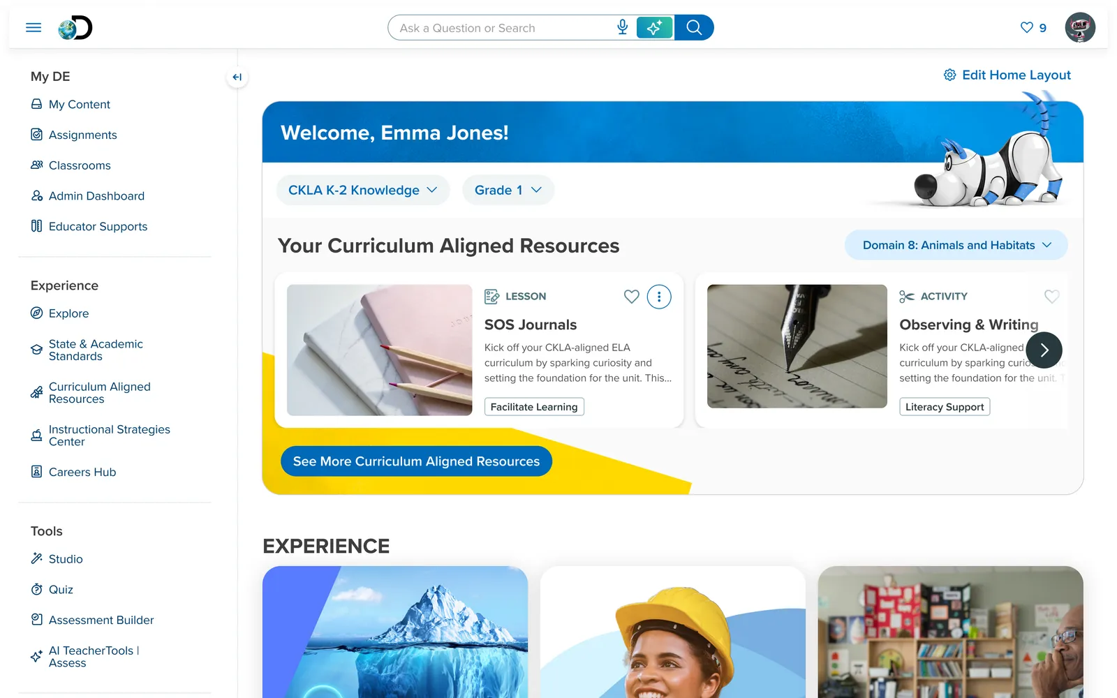 The old Discovery Education home page. A left sidebar mixes My DE, Experience, and Tools links; the main area stacks a welcome banner, curriculum-aligned resource cards, and an Experience section, all competing for attention.
