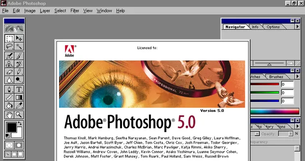 Photoshop running on Windows: the toolbar down the left, palettes stacked on the right, and the splash screen with an eye behind a camera lens.