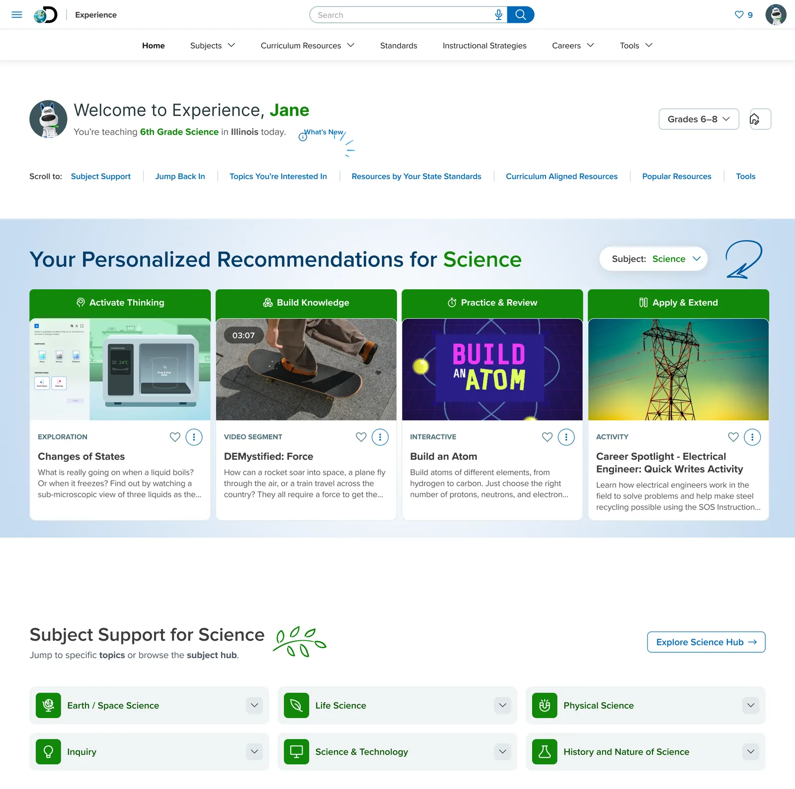 The prototyped Experience home for a sixth-grade science teacher. A welcome header sits above Your Personalized Recommendations for Science, four cards under the bands Activate Thinking, Build Knowledge, Practice and Review, and Apply and Extend, followed by Subject Support topic links.