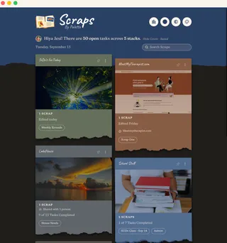 Scraps in dark mode: task stacks shown as torn-paper cards with cover photos and task counts.