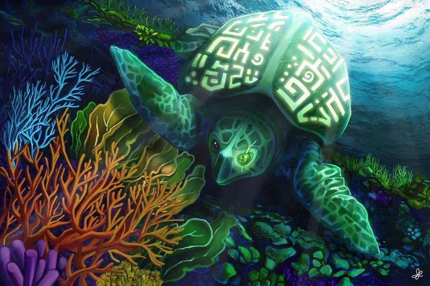 Digital painting of a glowing sea turtle gliding over a coral reef