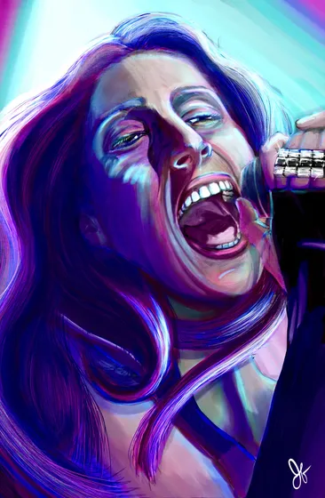 Digital painting of a singer mid-song at the microphone, in violets and blues