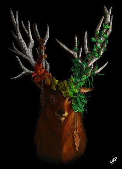 Digital painting of a stag with antlers wrapped in autumn and spring leaves