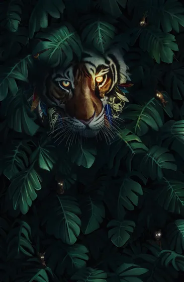 Digital painting of a tiger watching from dark monstera leaves