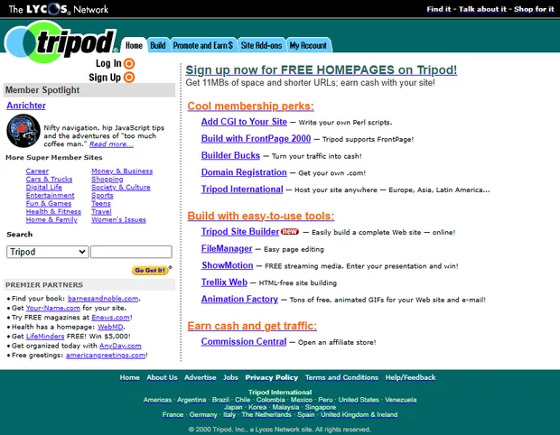 The Tripod homepage from around 2000, under the Lycos Network banner, offering free homepages and site-building tools.
