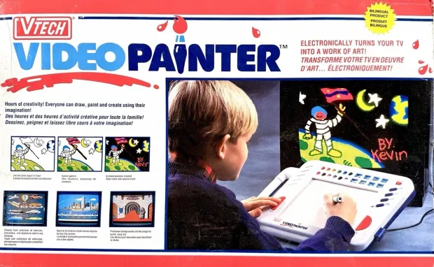 The Video Painter box: a child drawing at the tablet while an astronaut picture signed BY KEVIN appears on the television, with the promise that it electronically turns your TV into a work of art.
