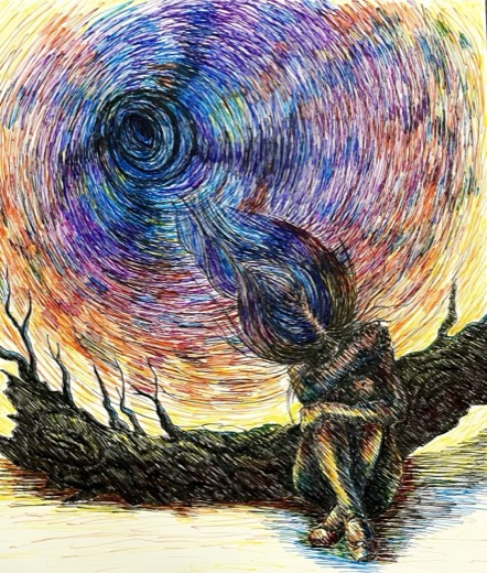 Pen drawing of a tree beneath a swirling sky